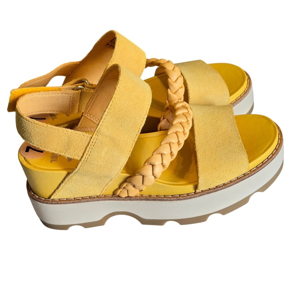 Sorel Yellow Platform Sandals Size 7 Braided Strap Suede Sporty Chic - Picture 2 of 6